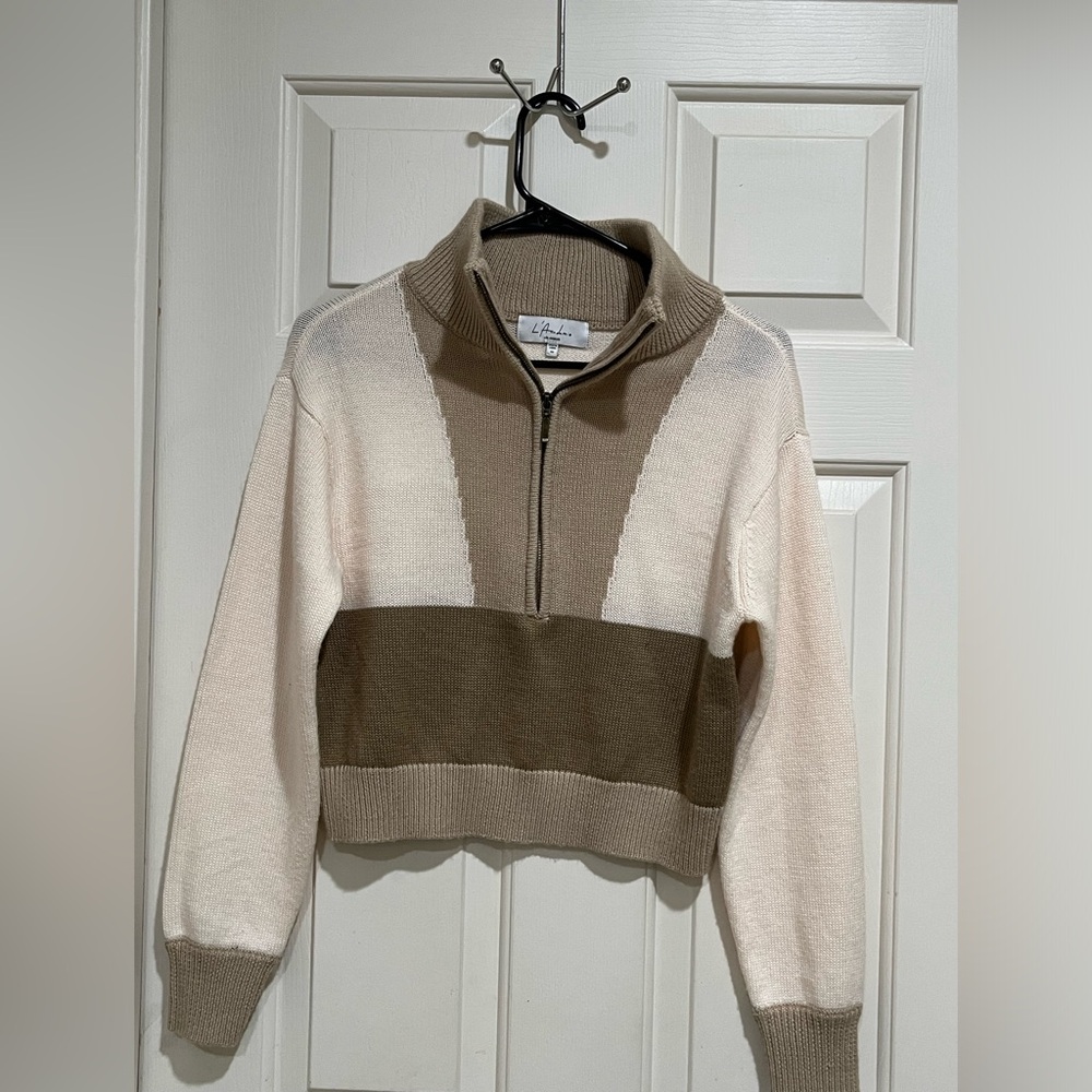 L'Academie Cream Knit QUARTER Zip-Neck Sweater COLOR BLOCK SIZE WOMEN SIZE XS